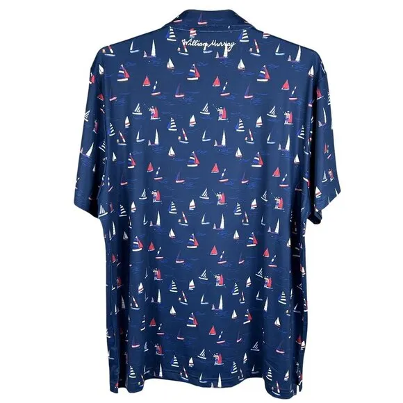 William Murray NWT Mens XXL Navy Sailboat Print Polo Golf Shirt Athleisure