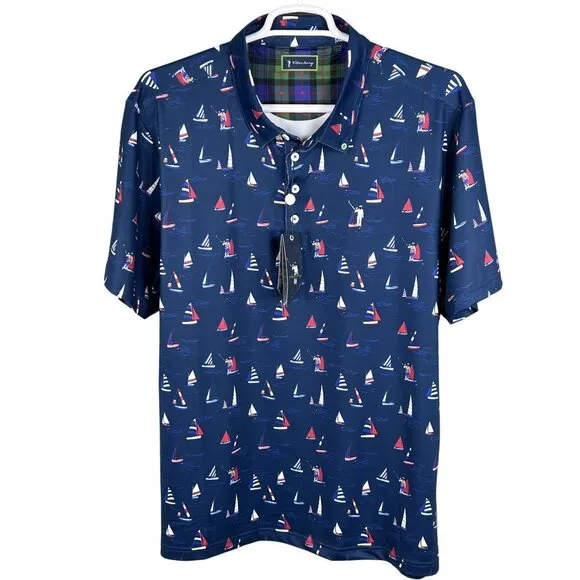 William Murray NWT Mens XXL Navy Sailboat Print Polo Golf Shirt Athleisure