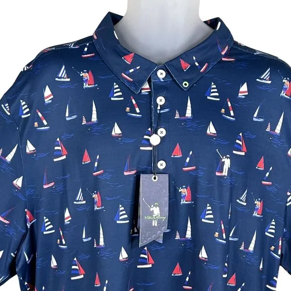 William Murray NWT Mens XXL Navy Sailboat Print Polo Golf Shirt Athleisure