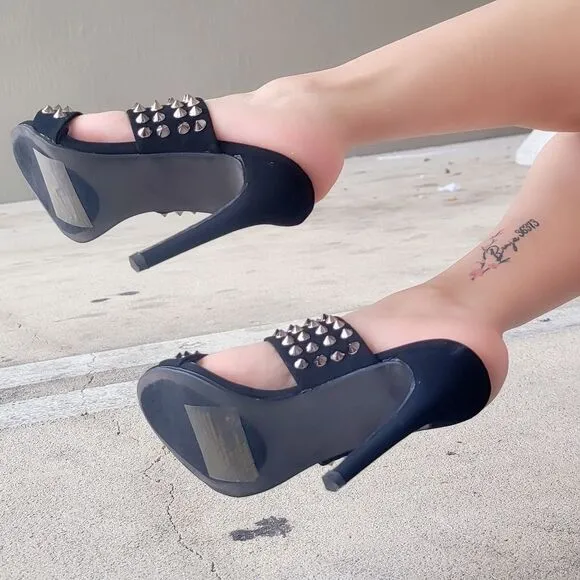 Women Metallic Studs Double Band High Heels Sandals Black Color
