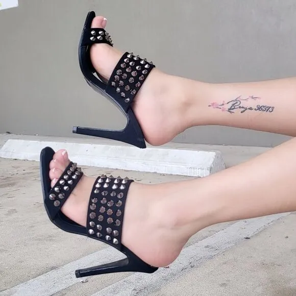 Women Metallic Studs Double Band High Heels Sandals Black Color