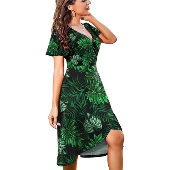 𝅺WOMEN V Neck Wrap Midi Dress with Pocket, Green Leaves