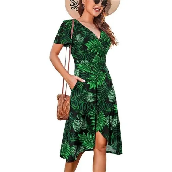 𝅺WOMEN V Neck Wrap Midi Dress with Pocket, Green Leaves