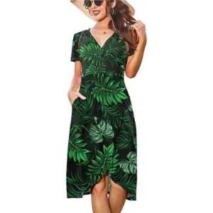 𝅺WOMEN V Neck Wrap Midi Dress with Pocket, Green Leaves