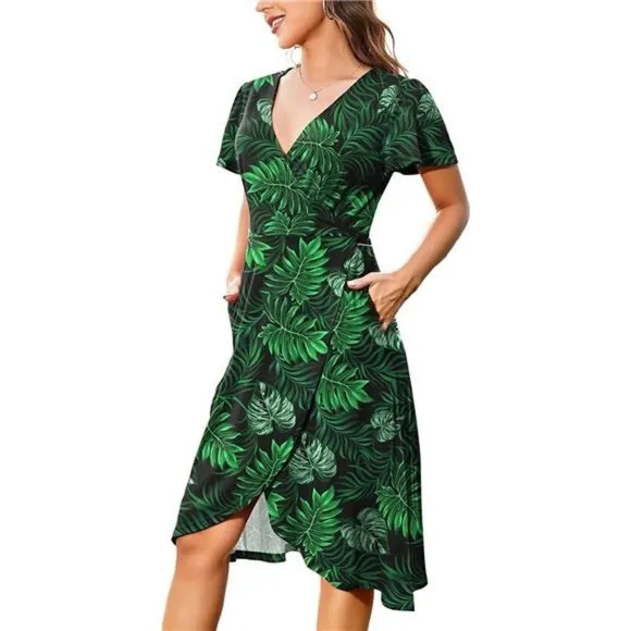 𝅺WOMEN V Neck Wrap Midi Dress with Pocket, Green Leaves