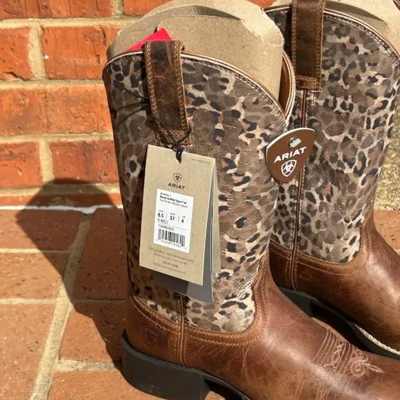 Women's Ariat Round Up Wide Square Toe Boot Pearl Brown/Metallic Leopard