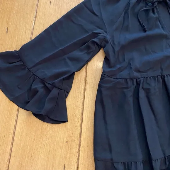 Women’s Black Longer Sleeve Mini Dress Viola Peasant Ruffle New XS
