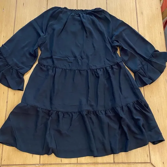 Women’s Black Longer Sleeve Mini Dress Viola Peasant Ruffle New XS