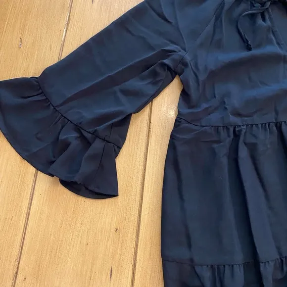 Women’s Black Longer Sleeve Mini Dress Viola Peasant Ruffle New XS
