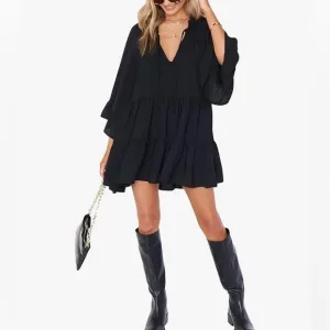 Women’s Black Longer Sleeve Mini Dress Viola Peasant Ruffle New XS