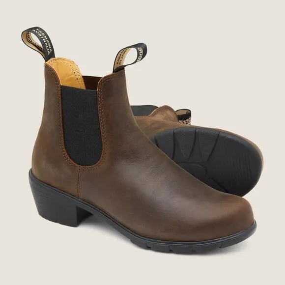 WOMEN'S BLUNDSTONE 1673 ANTIQUE BROWN HEEL PULL ON BOOTS ANKLE BOOTIES WITH BOX