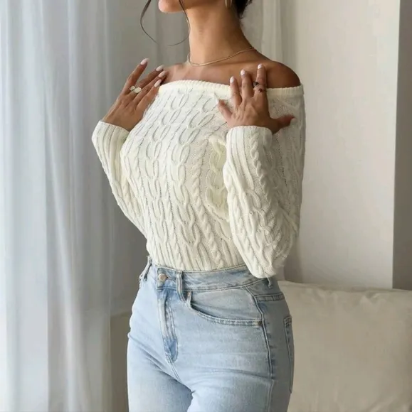 Women's Boat Neck Slim Fit Ruched Cable Sweater