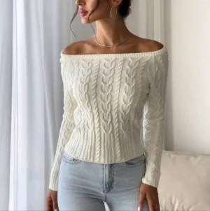Women's Boat Neck Slim Fit Ruched Cable Sweater