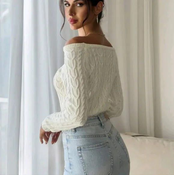 Women's Boat Neck Slim Fit Ruched Cable Sweater