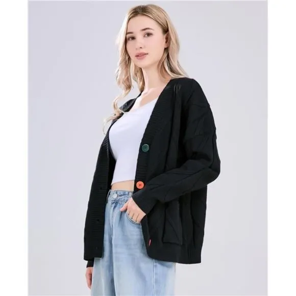 Women's Cable Knit Long Sleeve Open Front Cardigan Sheep V-Neck Button Down