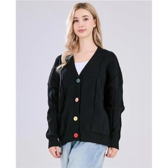 Women's Cable Knit Long Sleeve Open Front Cardigan Sheep V-Neck Button Down
