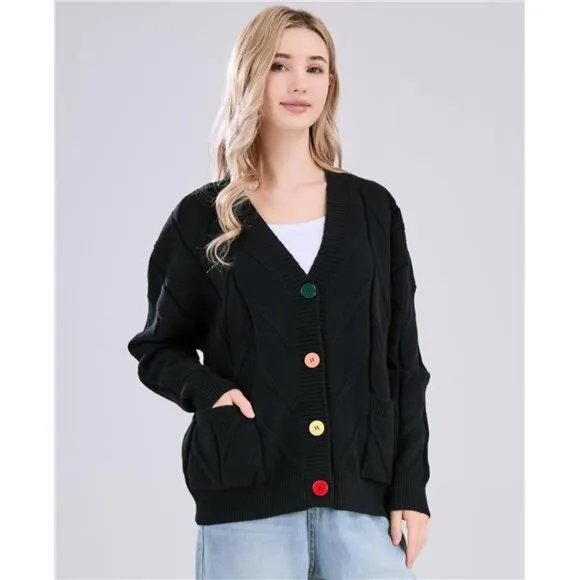 Women's Cable Knit Long Sleeve Open Front Cardigan Sheep V-Neck Button Down