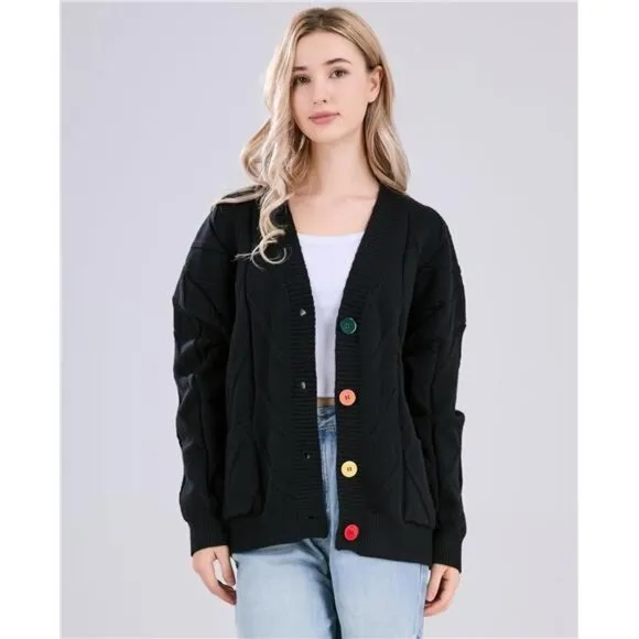 Women's Cable Knit Long Sleeve Open Front Cardigan Sheep V-Neck Button Down