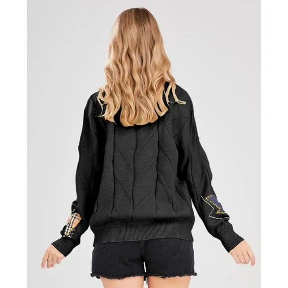 Womens Cable Knit Long Sleeve Open Front Sheep V-Neck Button Embroidery Sweater