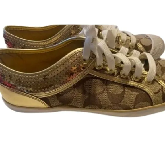 Women's Coach Zorra Gold Glitter Sequin Sneakers Leather Size 8. Pre-loved.