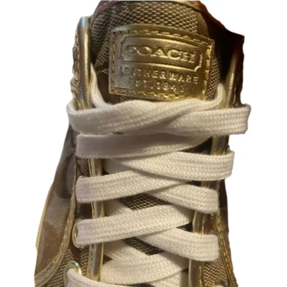 Women's Coach Zorra Gold Glitter Sequin Sneakers Leather Size 8. Pre-loved.