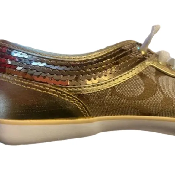 Women's Coach Zorra Gold Glitter Sequin Sneakers Leather Size 8. Pre-loved.