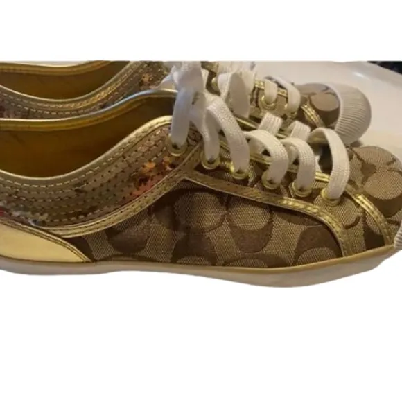 Women's Coach Zorra Gold Glitter Sequin Sneakers Leather Size 8. Pre-loved.