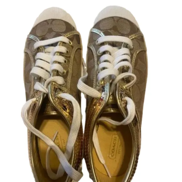 Women's Coach Zorra Gold Glitter Sequin Sneakers Leather Size 8. Pre-loved.