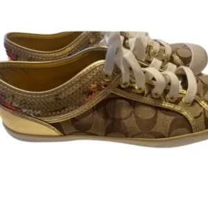 Women's Coach Zorra Gold Glitter Sequin Sneakers Leather Size 8. Pre-loved.