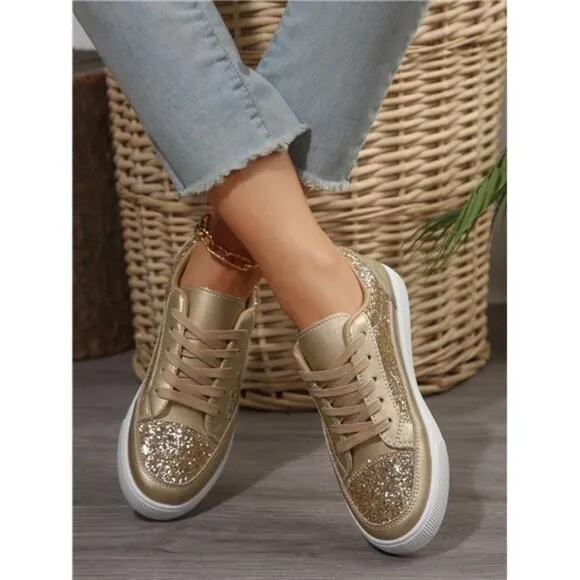Women's Gold Shiny Flat Shoes, Lightweight, Comfortable, Breathable