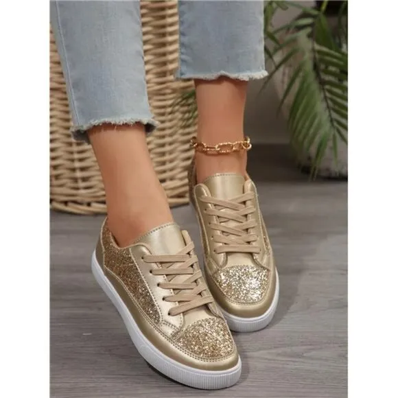 Women's Gold Shiny Flat Shoes, Lightweight, Comfortable, Breathable