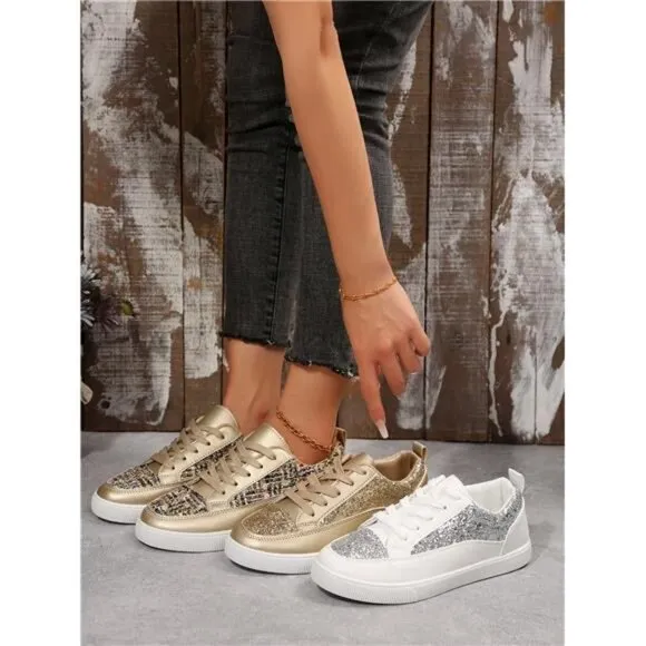 Women's Gold Shiny Flat Shoes, Lightweight, Comfortable, Breathable