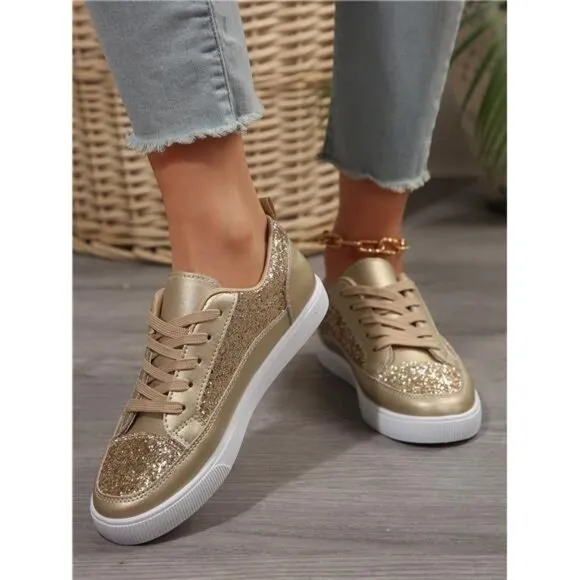 Women's Gold Shiny Flat Shoes, Lightweight, Comfortable, Breathable