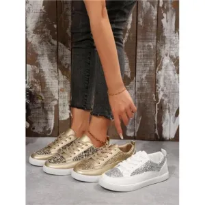 Women's Gold Shiny Flat Shoes, Lightweight, Comfortable, Breathable