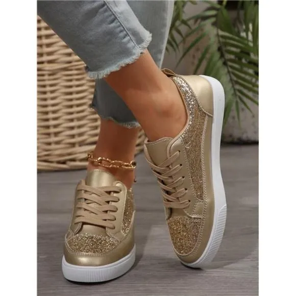 Women's Gold Shiny Flat Shoes, Lightweight, Comfortable, Breathable