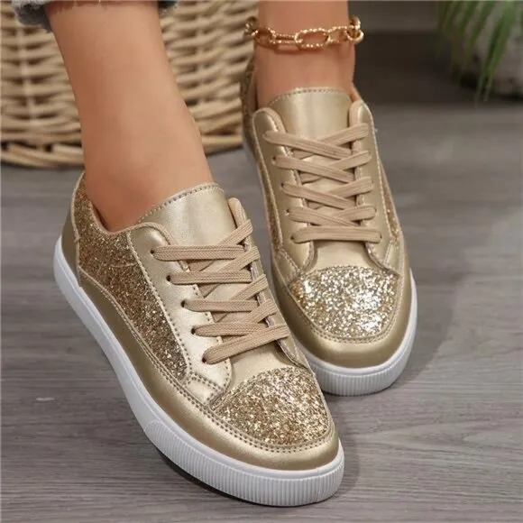 Women's Gold Shiny Flat Shoes, Lightweight, Comfortable, Breathable