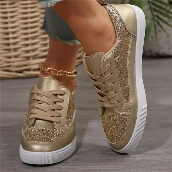Women's Gold Shiny Flat Shoes, Lightweight, Comfortable, Breathable