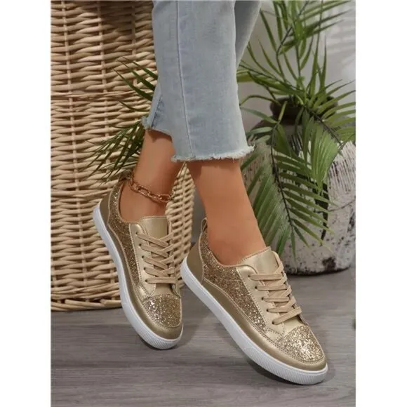 Women's Gold Shiny Flat Shoes, Lightweight, Comfortable, Breathable