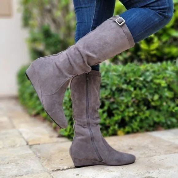 Women's Gray Wrinkle Finish Calf Length Pull On Boots Rounded Toe