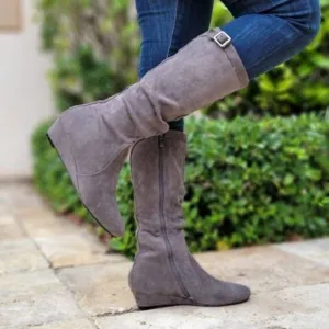 Women's Gray Wrinkle Finish Calf Length Pull On Boots Rounded Toe