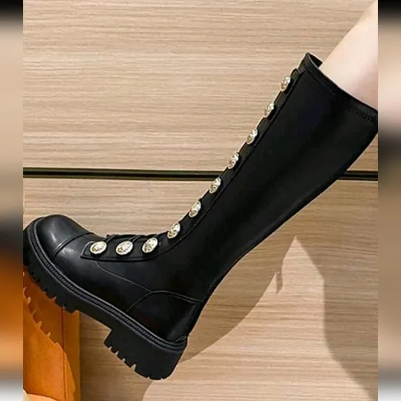 Women's Knee-High Boots, Black Color, British Style Riding Boots, Fashion Thicke