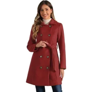 Women's Lapel Belted Outwear Double Breasted Red