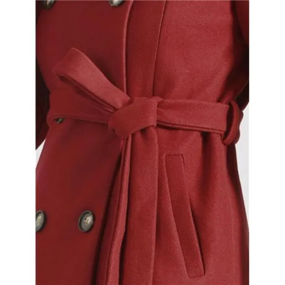Women's Lapel Belted Outwear Double Breasted Red