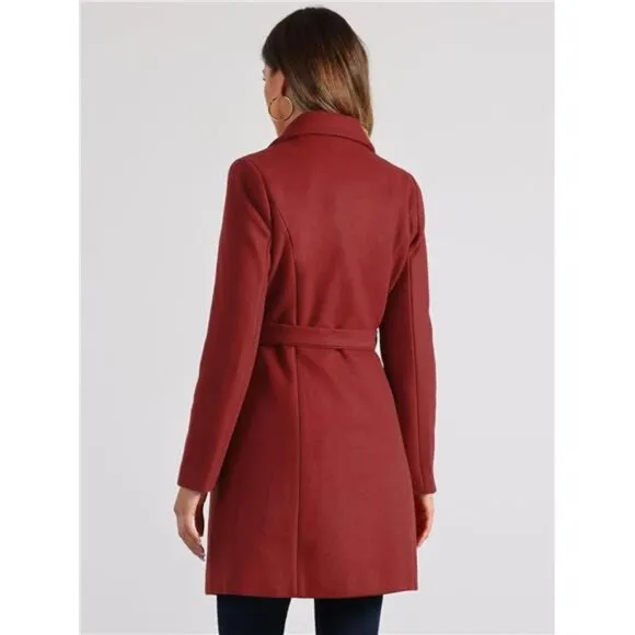 Women's Lapel Belted Outwear Double Breasted Red