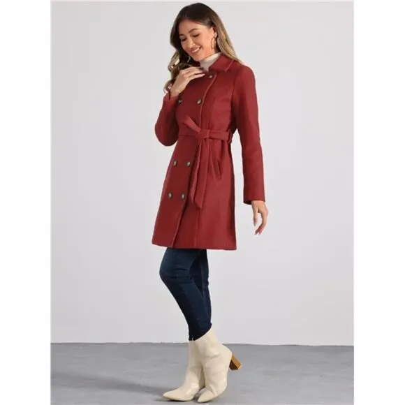 Women's Lapel Belted Outwear Double Breasted Red
