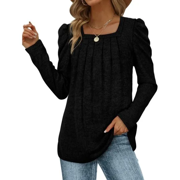 Womens  Lightweight Puff Sleeve Pleated Square Neck Tunic Sweaters Shirts