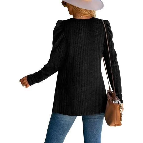 Womens  Lightweight Puff Sleeve Pleated Square Neck Tunic Sweaters Shirts