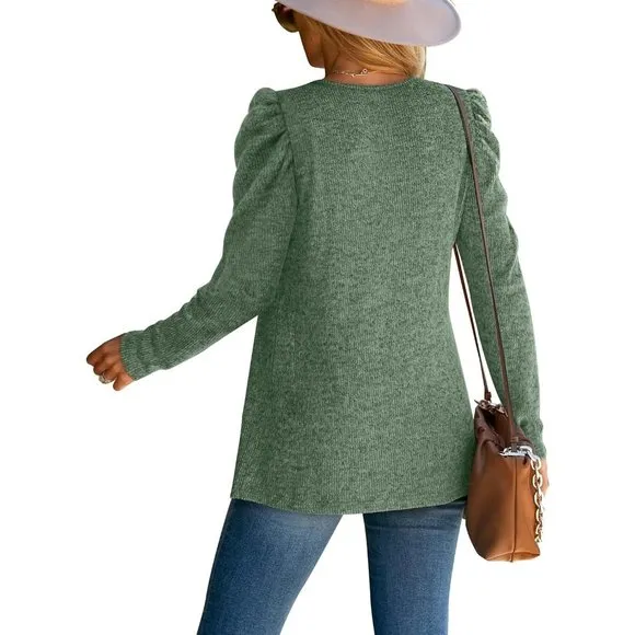 Womens  Lightweight Puff Sleeve Pleated Square Neck Tunic Sweaters Shirts