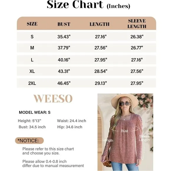 Womens  Lightweight Puff Sleeve Pleated Square Neck Tunic Sweaters Shirts