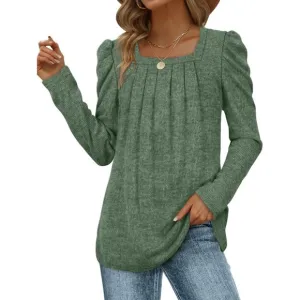 Womens  Lightweight Puff Sleeve Pleated Square Neck Tunic Sweaters Shirts